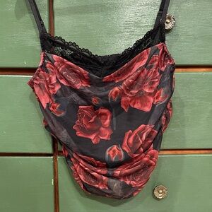 Floral Rose Rouched Lace Trim Camisole - Black and Red